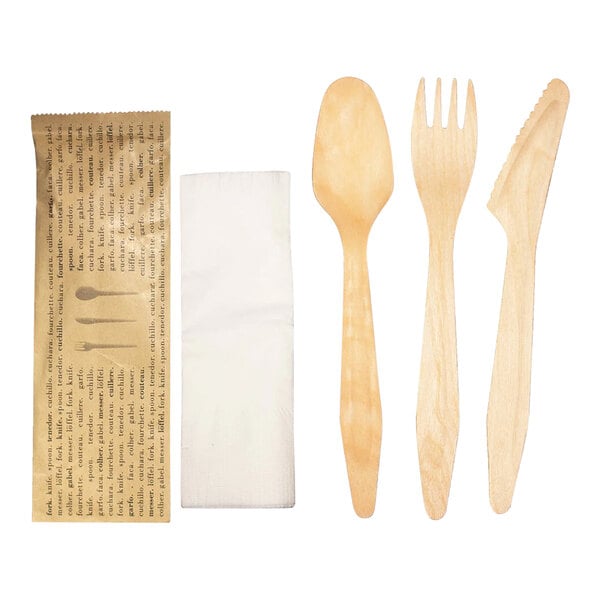 A VerTerra wooden cutlery set with napkin in a paper bag.