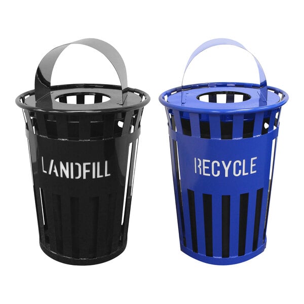 An Oakley recycle station with two black trash cans and a blue recycle bin with a lid.