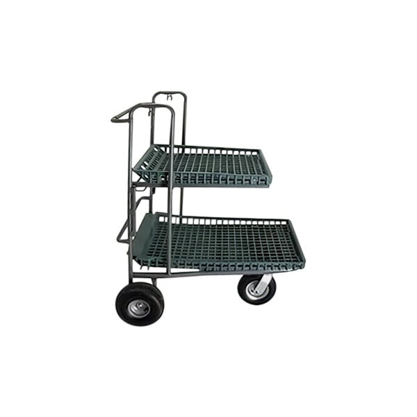 A two tiered green R.W. Rogers Company garden cart with black plastic grid shelves.