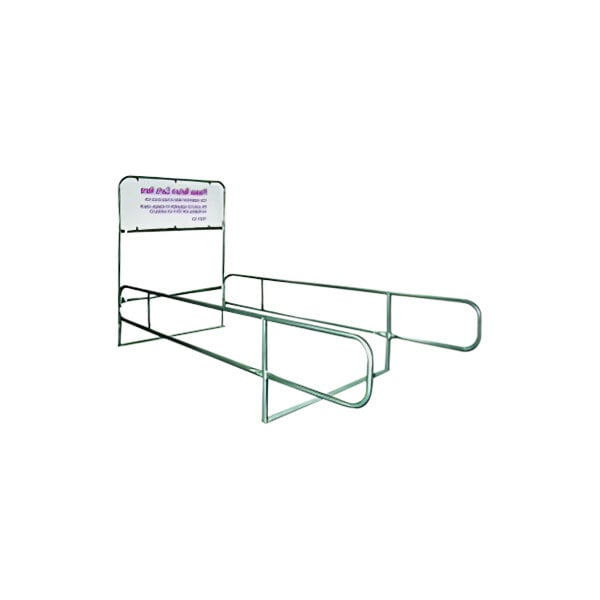 A green metal bed with a white sign that says "Cart Corral" in purple text.