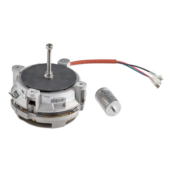 A Cooking Performance Group convection fan motor assembly with wires and a wire harness.