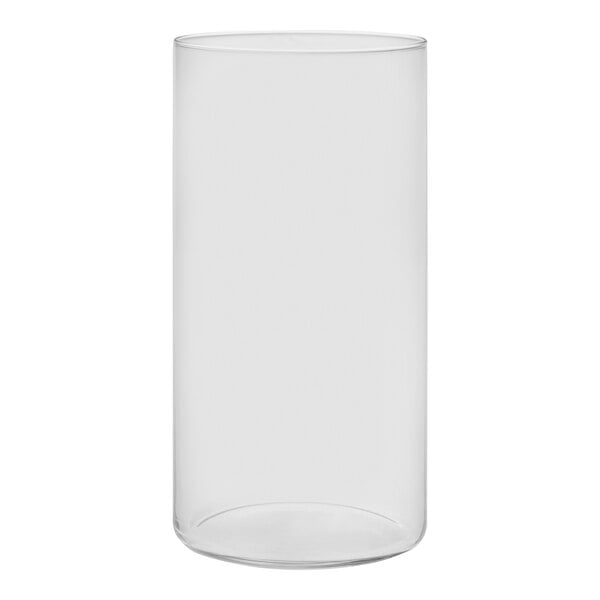 A clear glass cylinder on a white background.