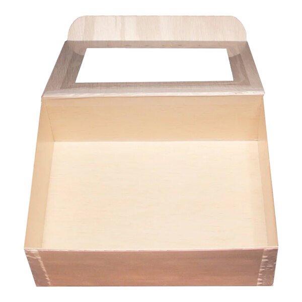 A VerTerra medium rectangular wooden catering box with an attached window lid.