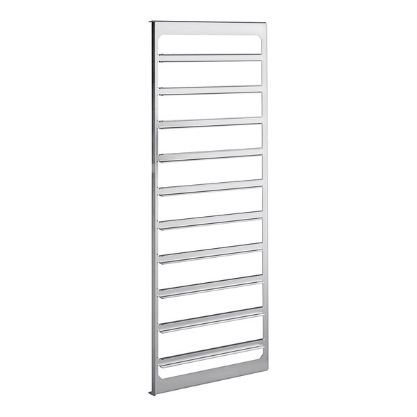 A white metal rack with metal bars.