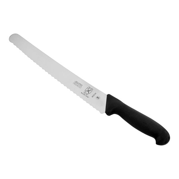 A Mercer Culinary bread knife with a black handle.