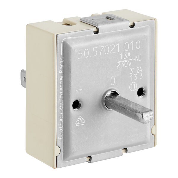 A white square humidification regulator with a metal knob.