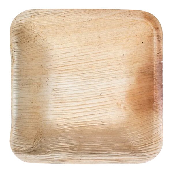 A brown textured square VerTerra palm leaf plate.