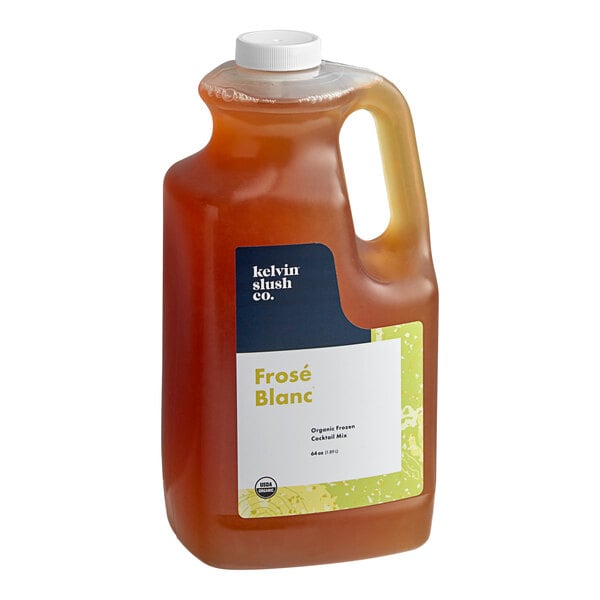 A jug of Kelvin Slush Co. Organic Frozen Frose Blanc cocktail mix with a white label.