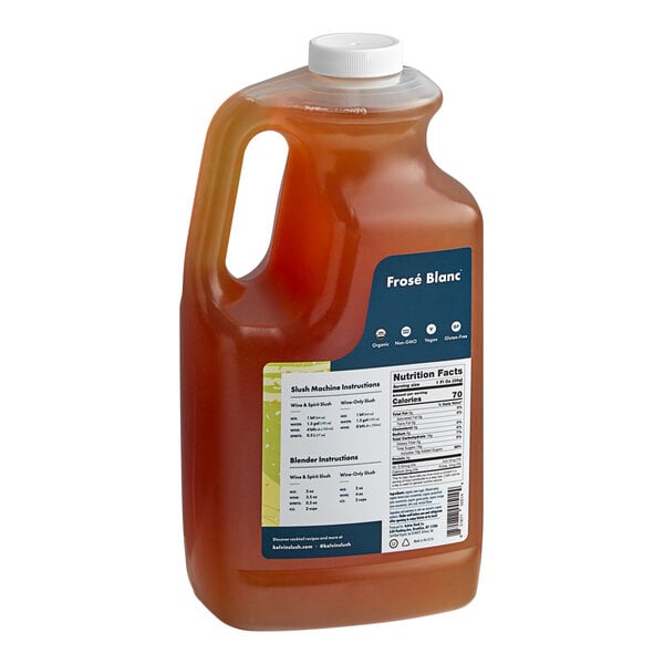 A jug of Kelvin Slush Co. Organic Frozen Frose Blanc cocktail mix with a label.