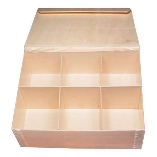 A VerTerra balsa wood box with 6 compartments and an attached lid.