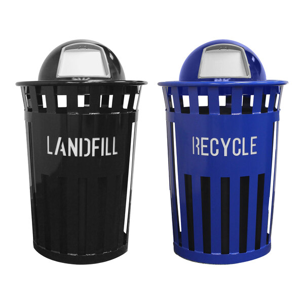 A Witt Industries Oakley outdoor recycle station with two black trash cans and a blue recycle bin with white text.