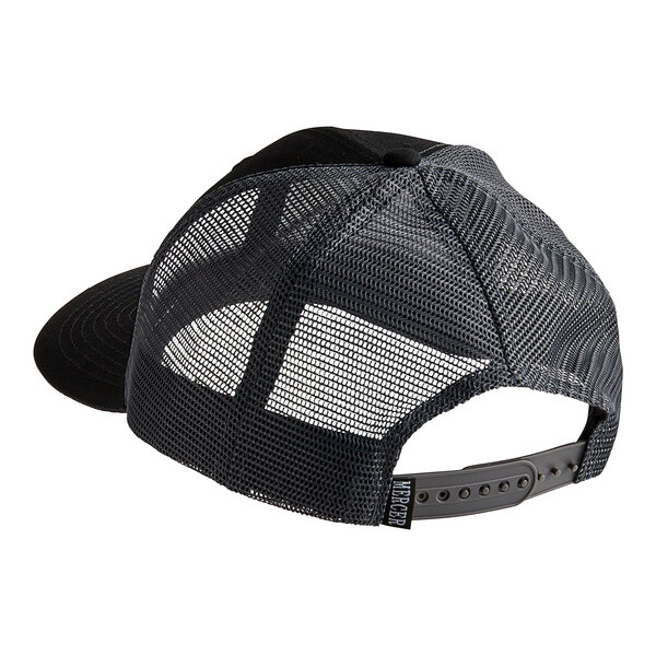 A black Mercer Culinary trucker cap with a mesh back.