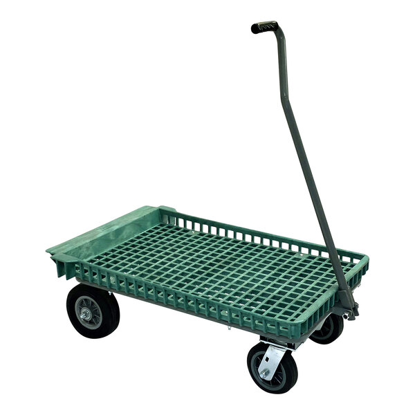 A green R.W. Rogers wagon cart with semi-pneumatic wheels and a handle.
