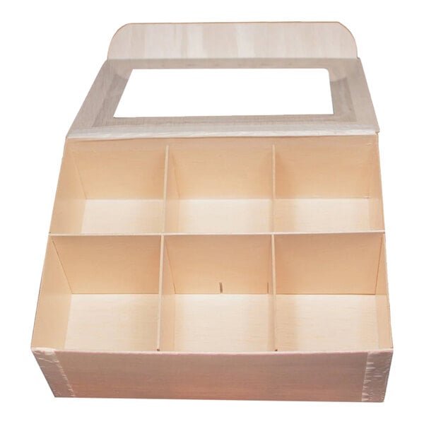 A VerTerra large balsa wood box with 6 compartments and an attached window lid.