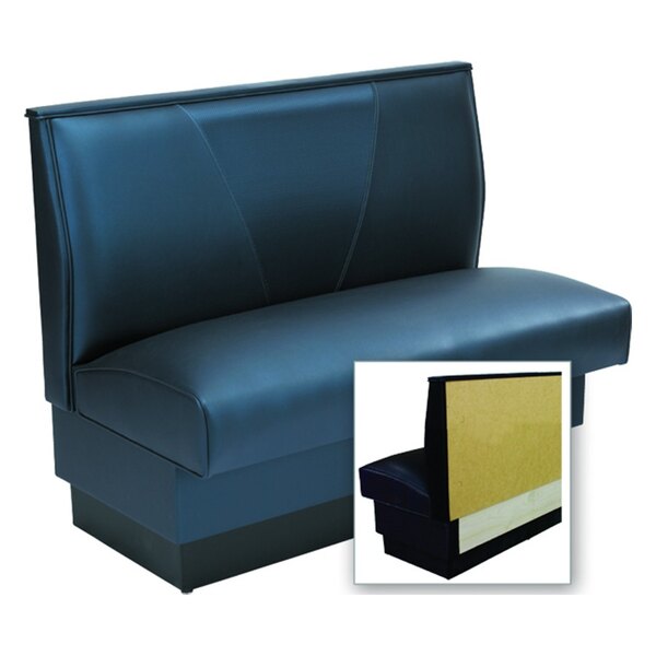 A blue booth with a black cushion in a V shape.