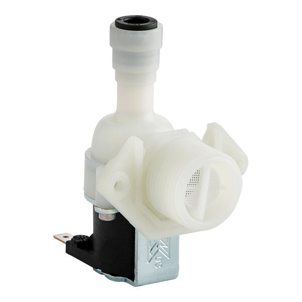 A white plastic solenoid valve with a black handle.