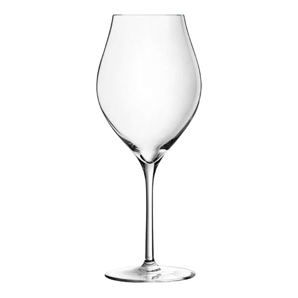 A close-up of a clear Chef & Sommelier wine glass with a stem.