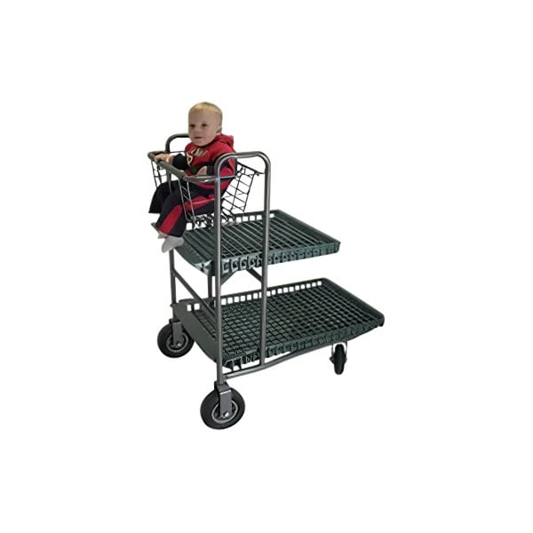 A child sitting in a 2-tier garden cart with a metal shelf and semi-pneumatic wheels.