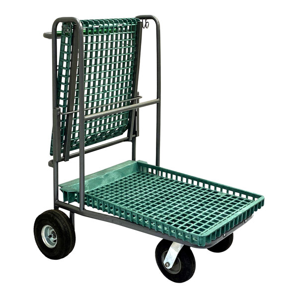 A green R.W. Rogers Company garden cart with wheels and a basket on top.