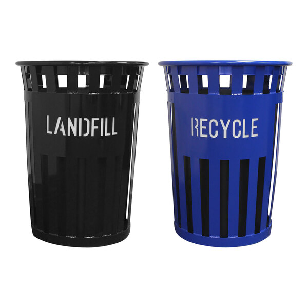 A Witt Industries Oakley outdoor recycle station with two black and blue trash cans with white text reading landfill and recycle and a blue recycle bin with white text.