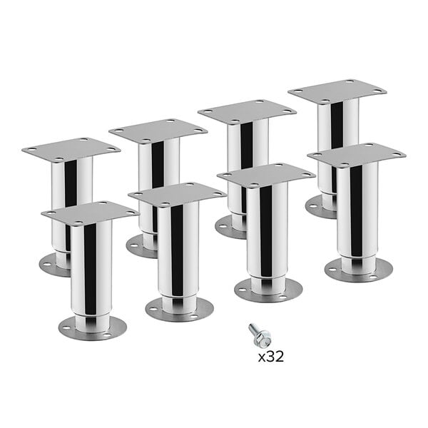 A group of silver metal Avantco seismic legs with a black stripe.