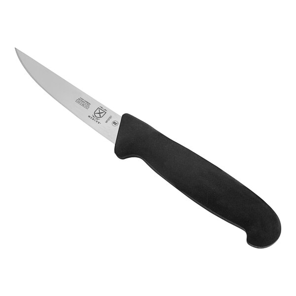 A Mercer Culinary paring knife with a black handle.