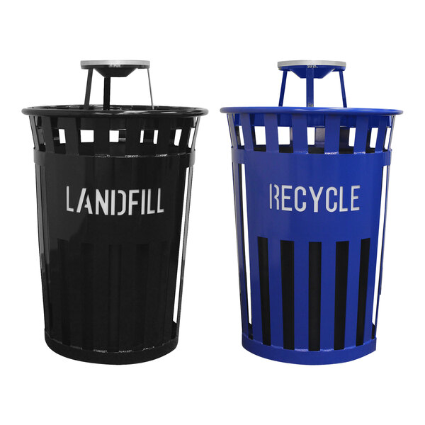 A Witt Industries Oakley 2-stream outdoor recycle station with a black trash can and blue recycle bin with white text.