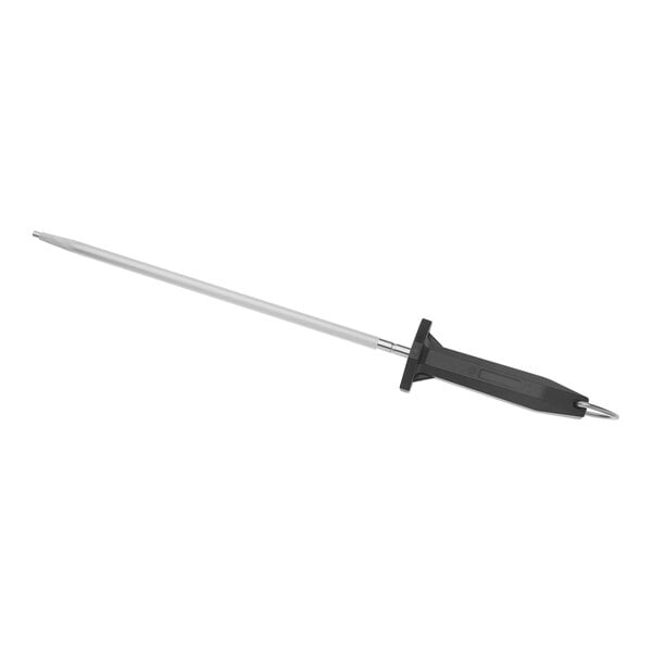 A Mercer Culinary knife sharpening steel with a long white and black handle.
