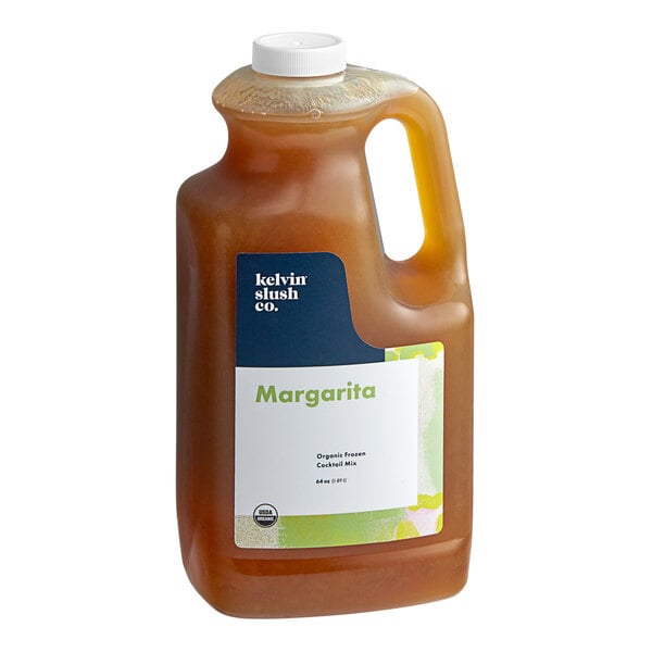 A jug of Kelvin Slush Co. Organic Frozen Margarita cocktail mix with a white label.