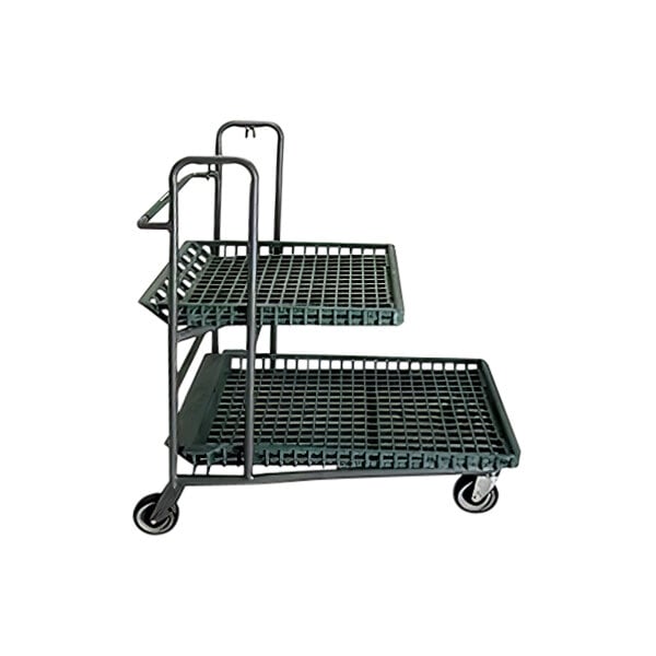 A green metal cart with two shelves.
