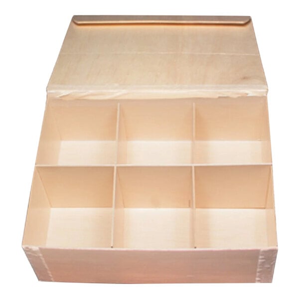 A VerTerra large balsa wood box with 6 compartments and an attached lid.