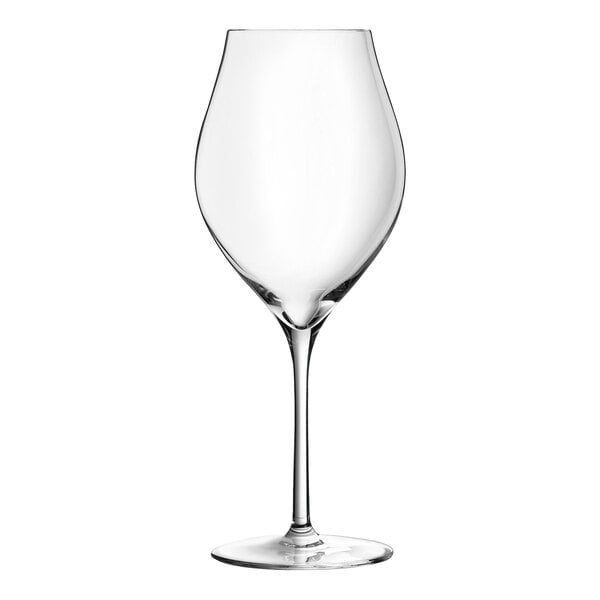 A close-up of a clear Chef & Sommelier wine glass with a stem.