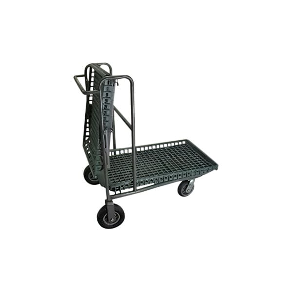 A green nesting garden cart with black wheels.