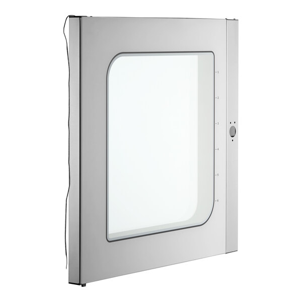 A white metal rectangular door with a glass window.