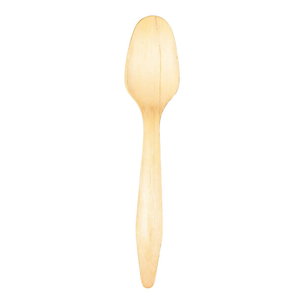 A close up of a VerTerra compostable wooden spoon with a wooden handle.