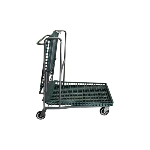 A green R.W. Rogers 2-tier garden cart with metal handles and wheels.