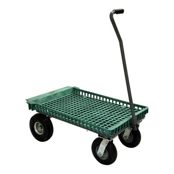 A green R.W. Rogers Company wagon cart with black pneumatic wheels and a handle.