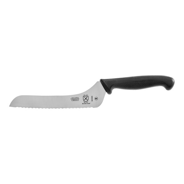 A Mercer Culinary Millennia bread knife with a black handle.