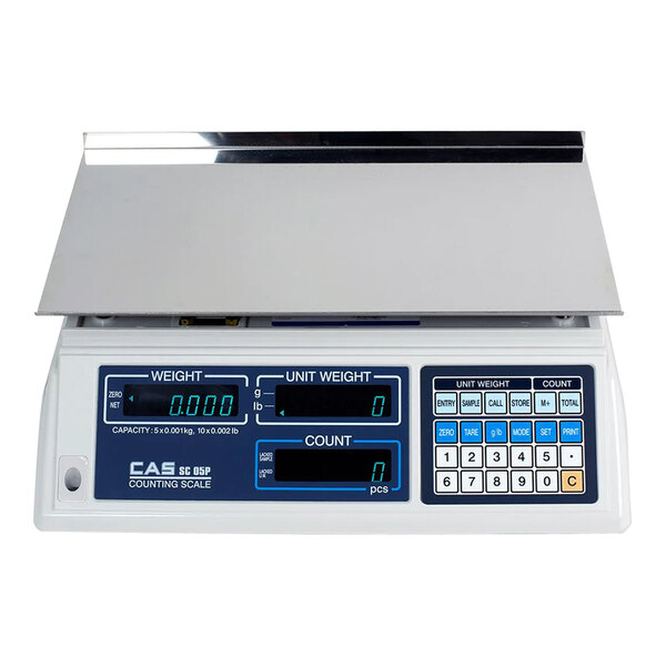 A white electronic Cas SC05P precision counting scale with a blue and black digital display.