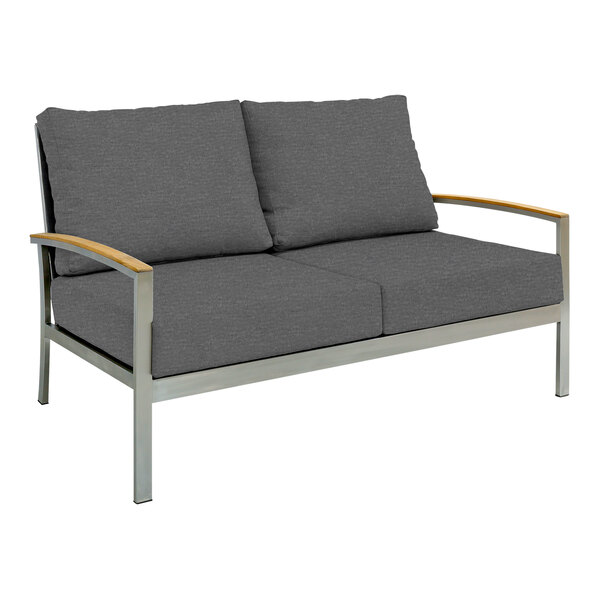 A Three Birds Casual Avanti charcoal outdoor sofa with wooden armrests.