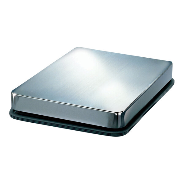 A stainless steel CAS platform scale base with a black rubber base.