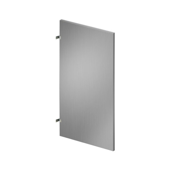 A charcoal ASI Accurate Partitions urinal partition with a silver metal handle.