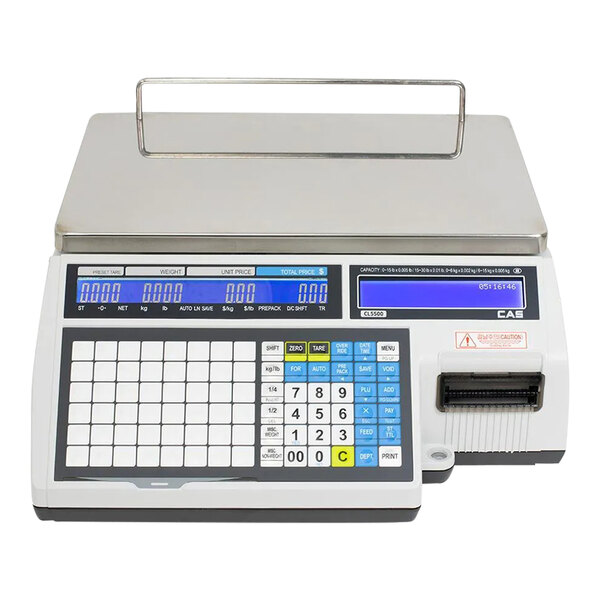 A white and grey CAS CL-5500 series wireless customer-facing label printing bench scale.