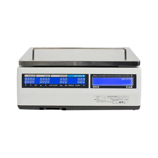 A white rectangular CAS CL5500B digital scale with a blue display.