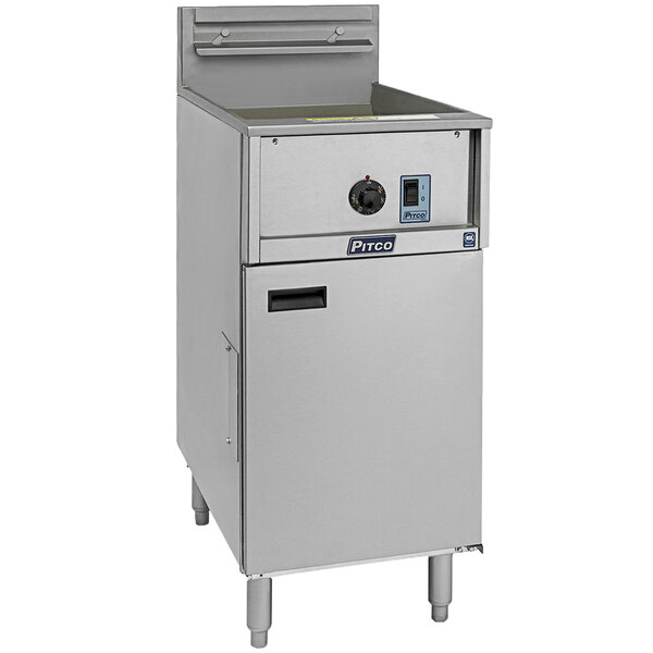A close-up of a large stainless steel Pitco commercial electric floor fryer with a door.