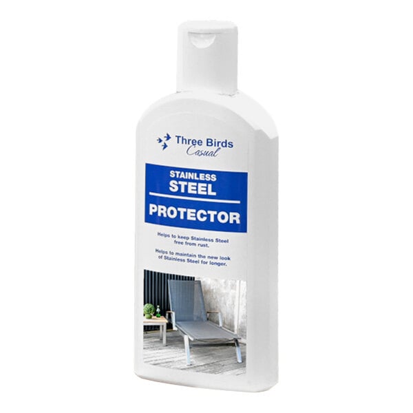 A white bottle of Three Birds Casual stainless steel protector with a blue label.