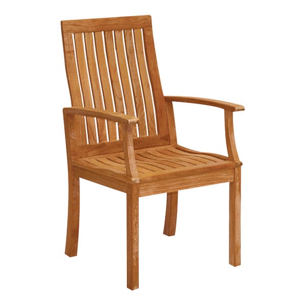 A Three Birds Casual Monterey wood outdoor dining arm chair with armrests.