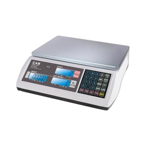 A grey CAS EC-2 Series digital counting scale on a white counter with a blue screen.