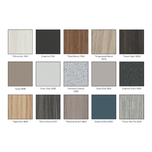 A chart showing the different colors and textures of wood including Neo Walnut.