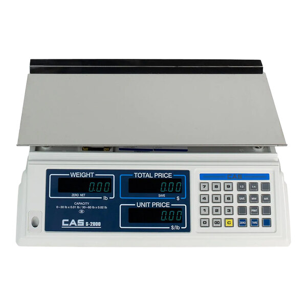 A white Cas S-2000 legal for trade electronic scale with a black and blue digital display.